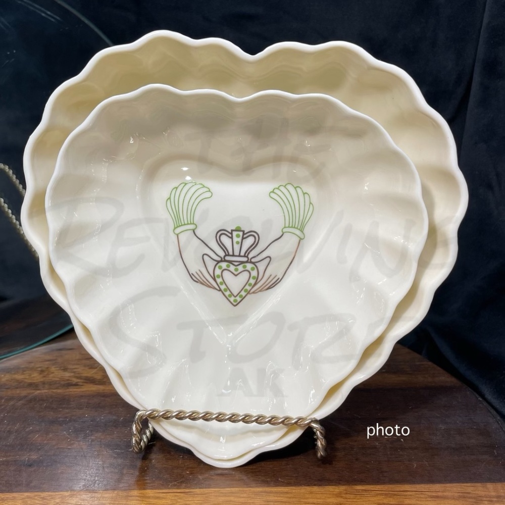 2 Belleek Heart Dishes. One w/Claddagh Design 1980-1992